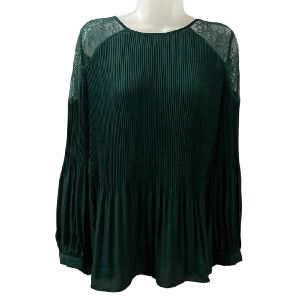 Adrianna Papell Lace Yoke Tie Back Pleated Blouse Deep Hunter Green - M